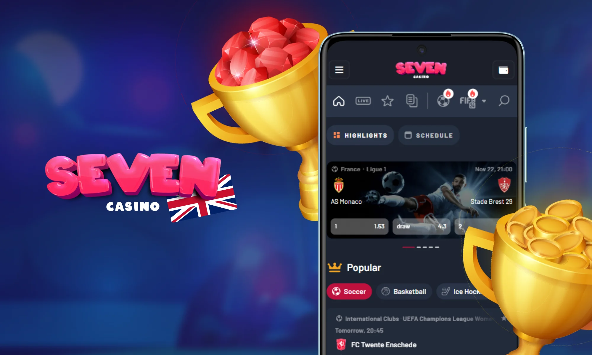 Sports betting on competitions available in the Seven Casino betting app