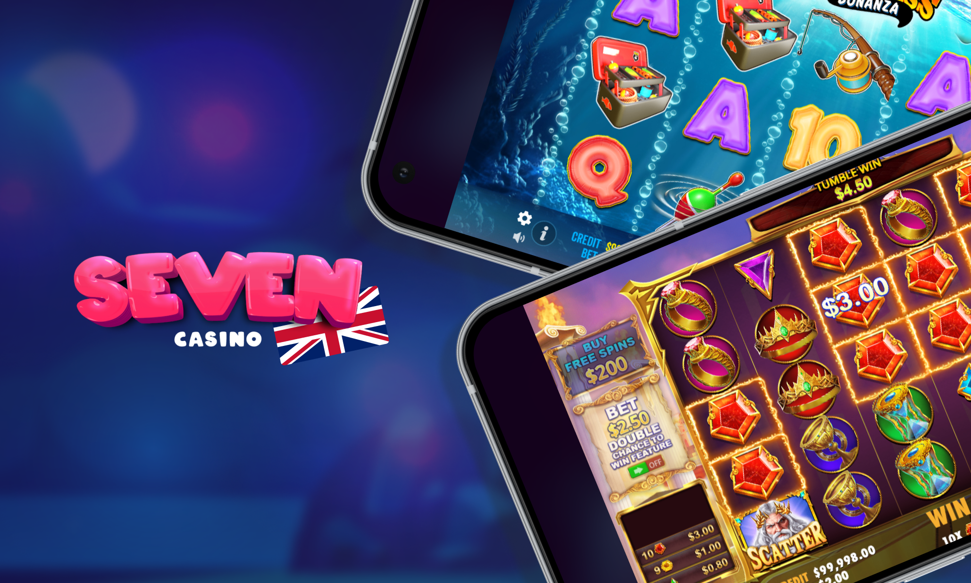 Various slot games on the Seven Casino UK website and app